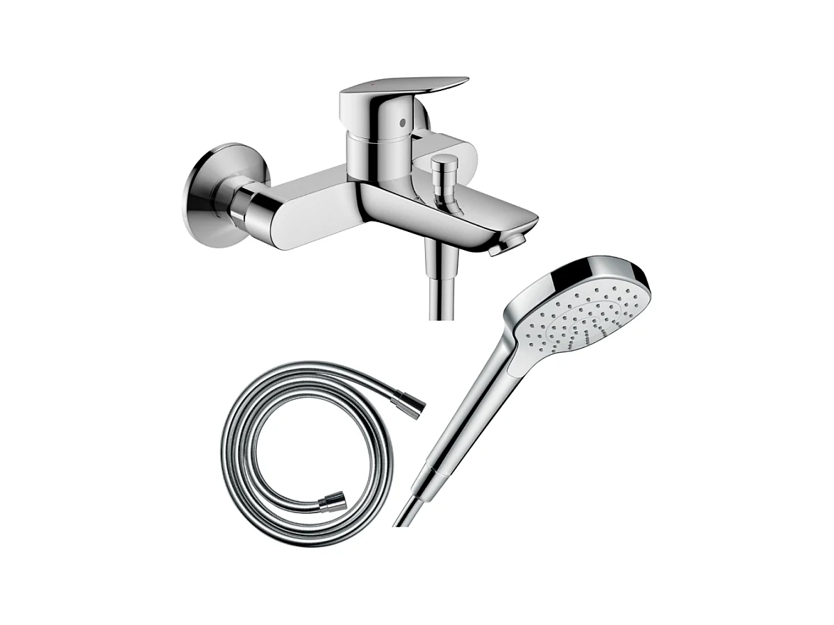 Pack mitigeur bain douche mécanique HANSGROHE Logis + Flexible Isiflex + Pommeau Croma Select E EcoSmart blanc/chromé