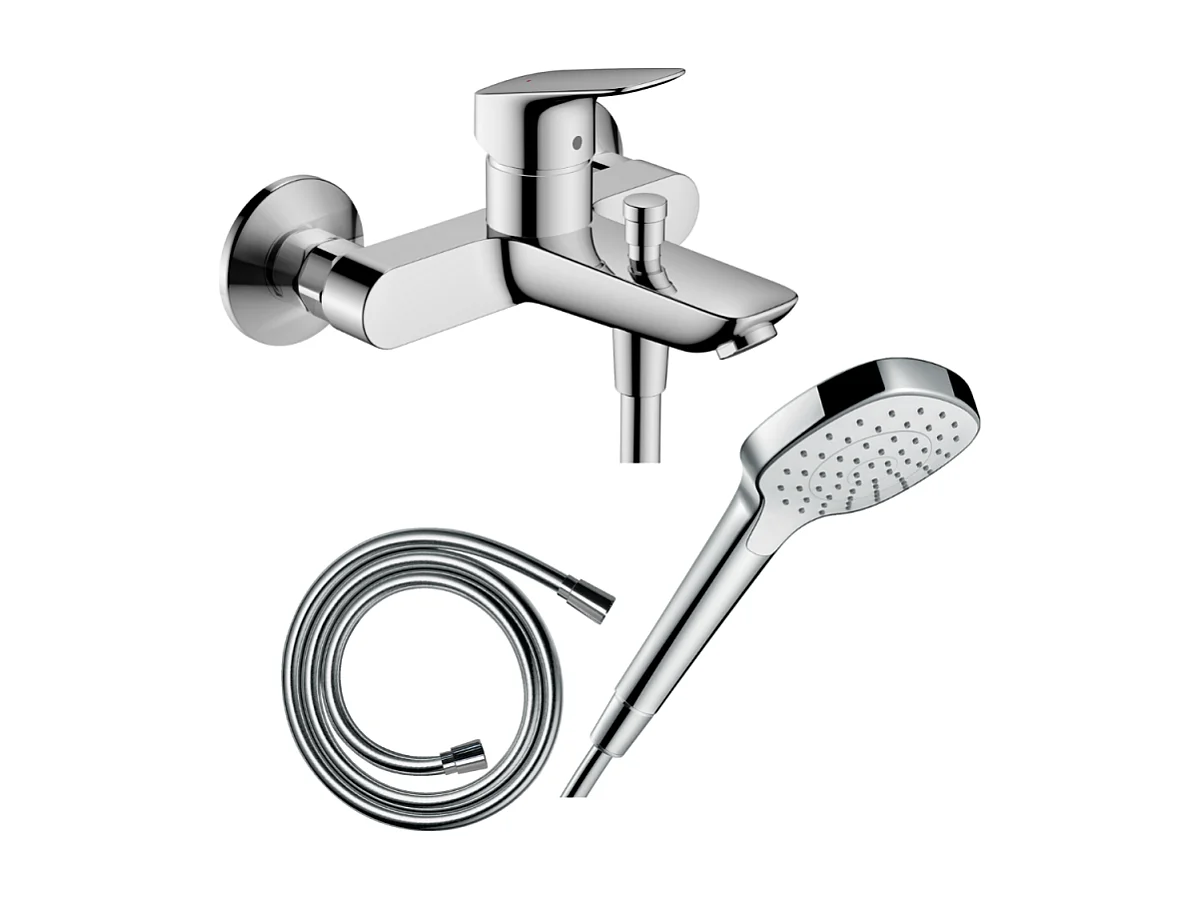 Pack mitigeur bain douche mécanique HANSGROHE Logis + Flexible Isiflex + Pommeau Croma Select E EcoSmart blanc/chromé