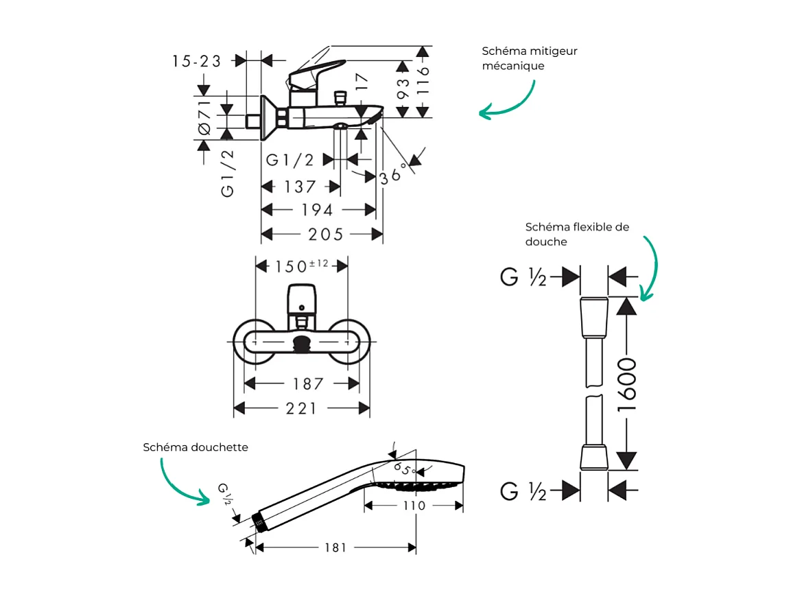Pack mitigeur bain douche mécanique HANSGROHE Logis + Flexible Isiflex + Pommeau Croma Select E EcoSmart blanc/chromé