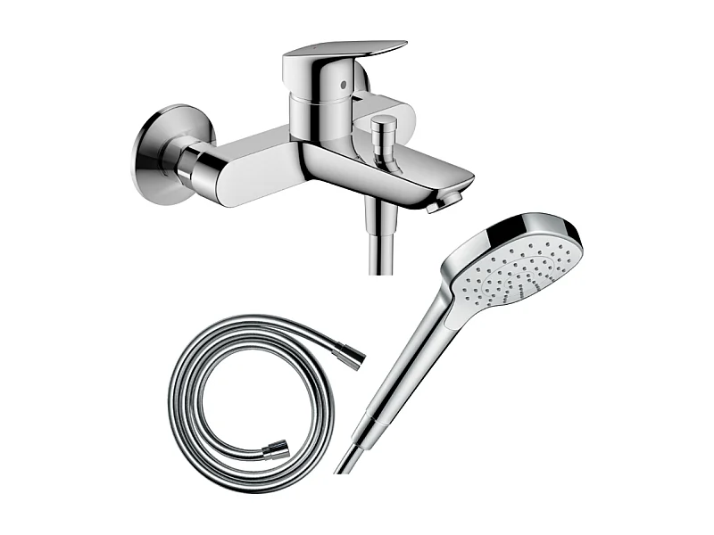 Pack mitigeur bain douche mécanique HANSGROHE Logis + Flexible Isiflex + Pommeau Croma Select E EcoSmart blanc/chromé