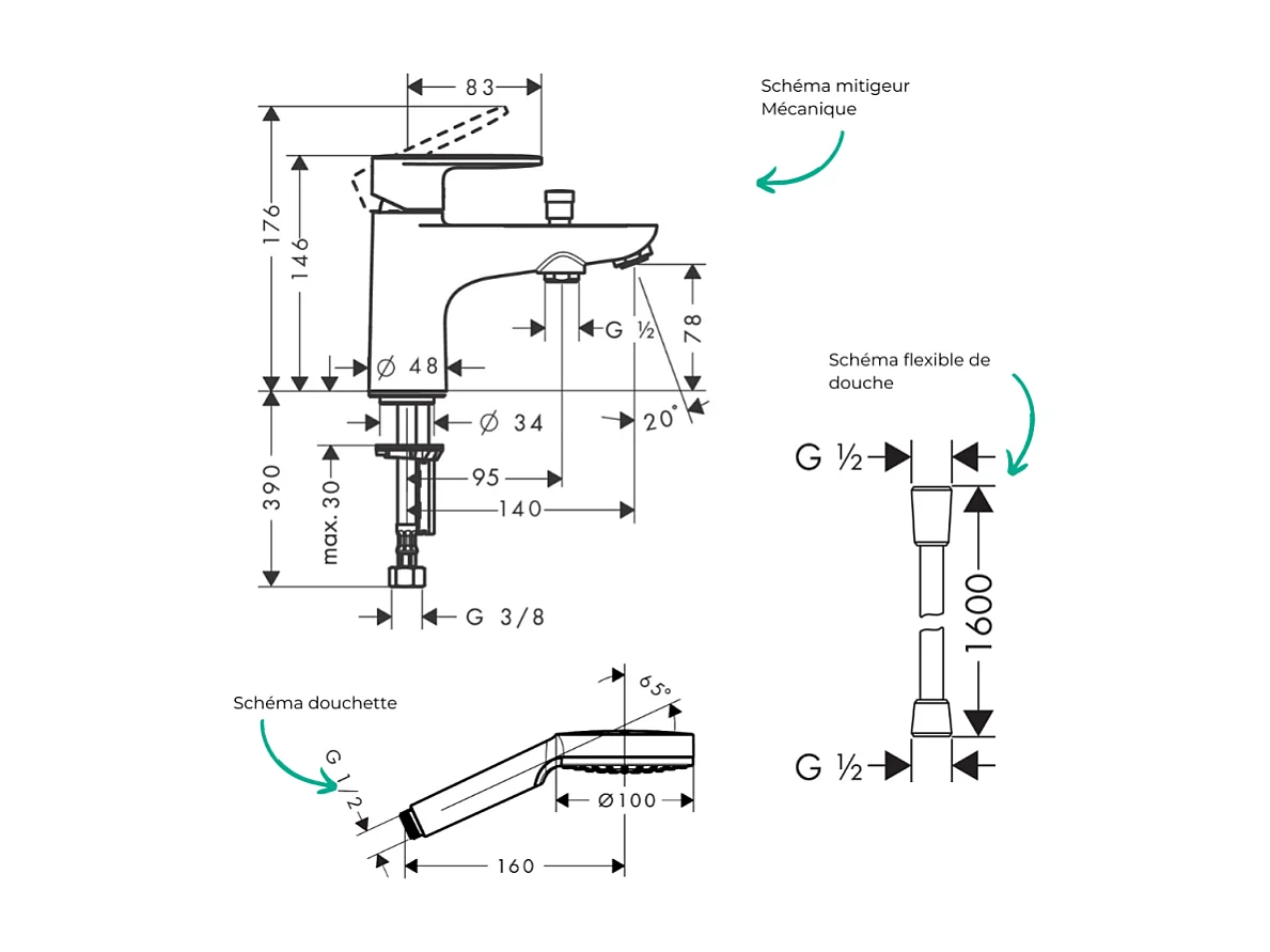 Pack mitigeur bain douche monotrou HANSGROHE Vernis Blend + Flexible Isiflex + Pommeau HANSGROHE Crometta blanc/chromé
