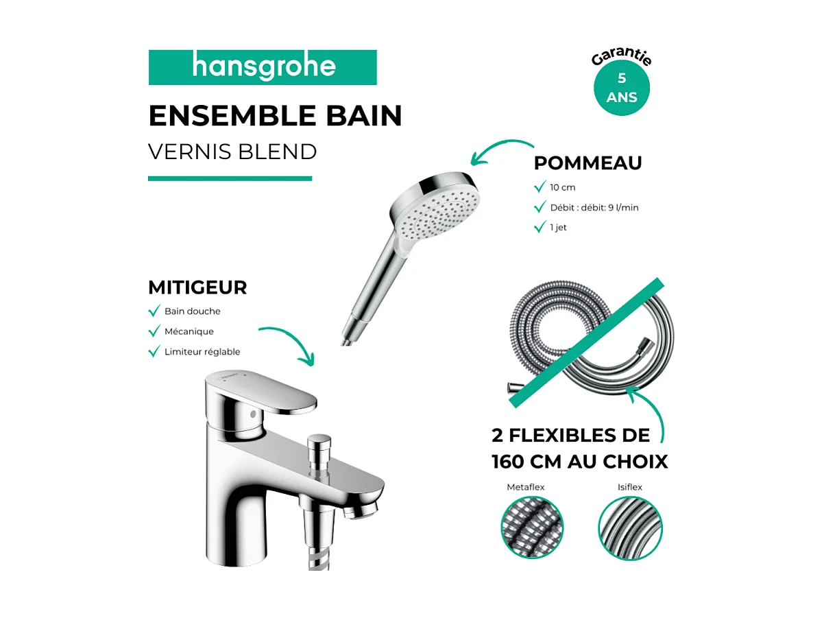 Pack mitigeur bain douche monotrou HANSGROHE Vernis Blend + Flexible Isiflex + Pommeau HANSGROHE Crometta blanc/chromé