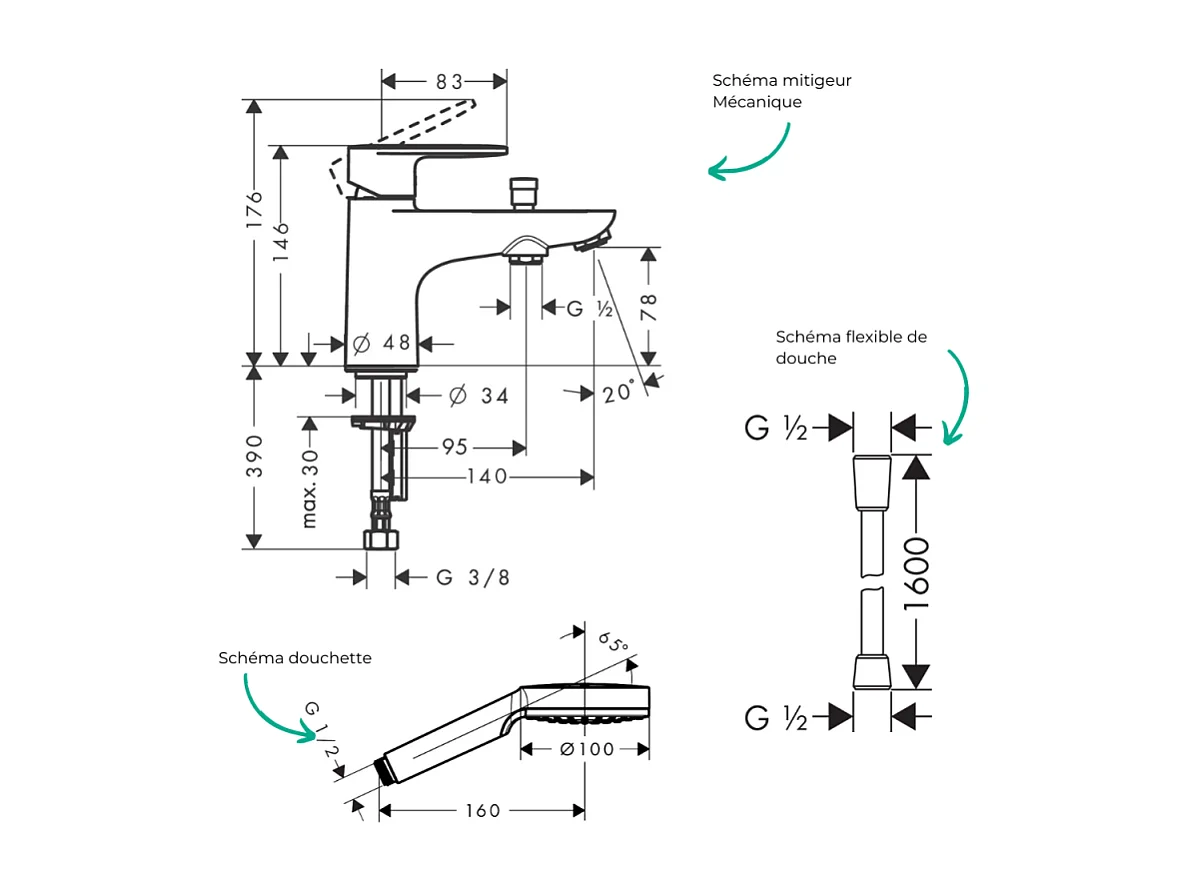 Pack mitigeur bain douche monotrou HANSGROHE Vernis Blend + Flexible Isiflex + Pommeau HANSGROHE Crometta blanc/chromé