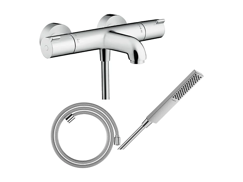 Pack mitigeur bain thermostatique HANSGROHE Ecostat 1001CL + Flexible Designflex + Pommeau HANSGROHE Pulsify E 100 EcoSmart chromé