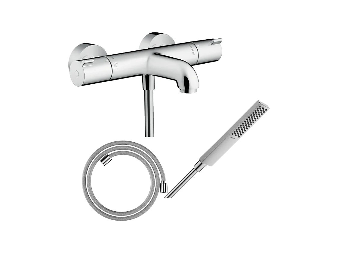 Pack mitigeur bain thermostatique HANSGROHE Ecostat 1001CL + Flexible Designflex + Pommeau HANSGROHE Pulsify E 100 EcoSmart chromé