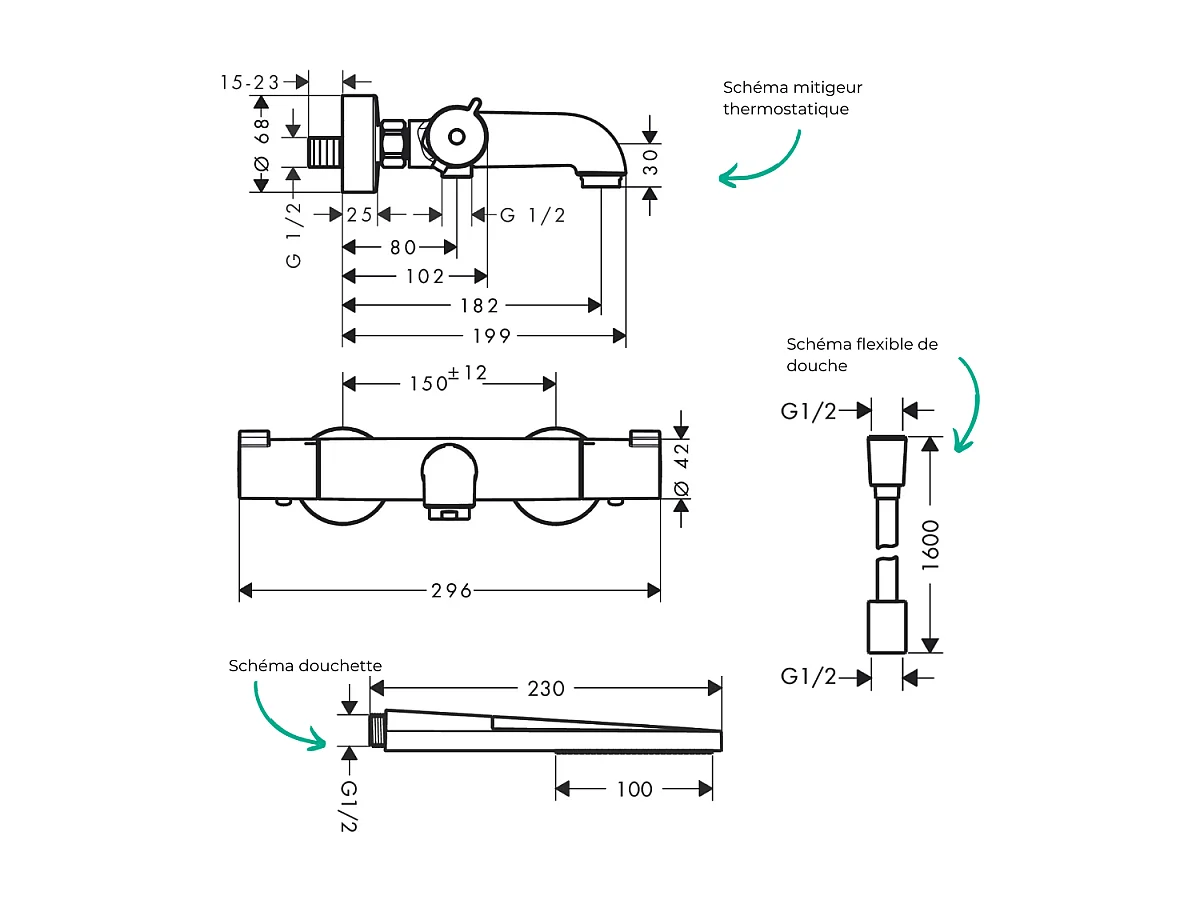 Pack mitigeur bain thermostatique HANSGROHE Ecostat 1001CL + Flexible Designflex + Pommeau HANSGROHE Pulsify E 100 EcoSmart chromé
