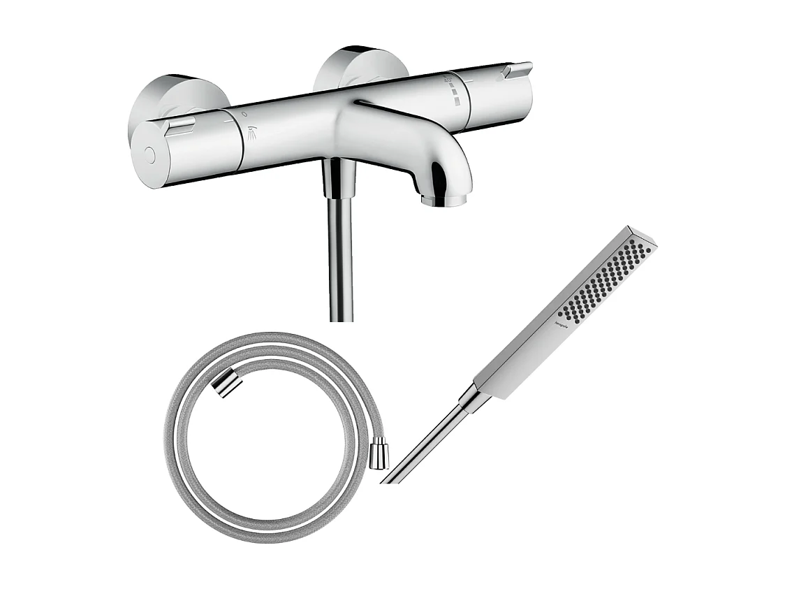 Pack mitigeur bain thermostatique HANSGROHE Ecostat 1001CL + Flexible Designflex + Pommeau HANSGROHE Pulsify E 100 EcoSmart chromé