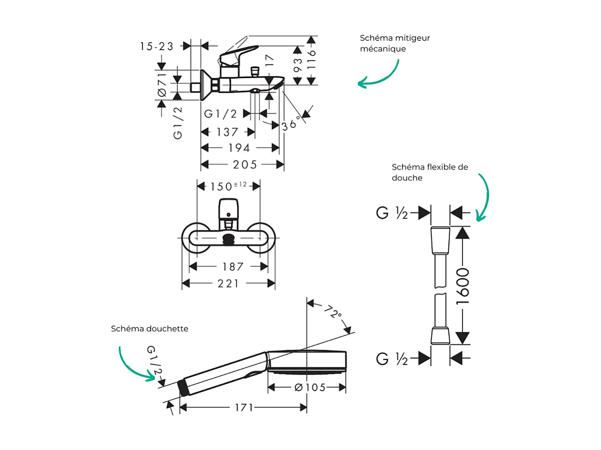 Pack mitigeur bain douche HANSGROHE Logis + Flexible Designflex + Pommeau HANSGROHE Pulsify Select 105 3 jets noir mat