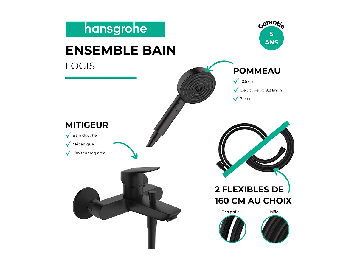 Pack mitigeur bain douche HANSGROHE Logis + Flexible Designflex + Pommeau HANSGROHE Pulsify Select 105 3 jets noir mat