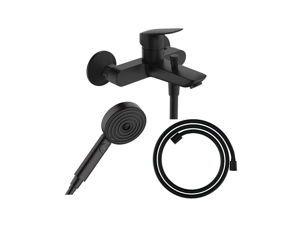 Pack mitigeur bain douche HANSGROHE Logis + Flexible Designflex + Pommeau HANSGROHE Pulsify Select 105 3 jets noir mat