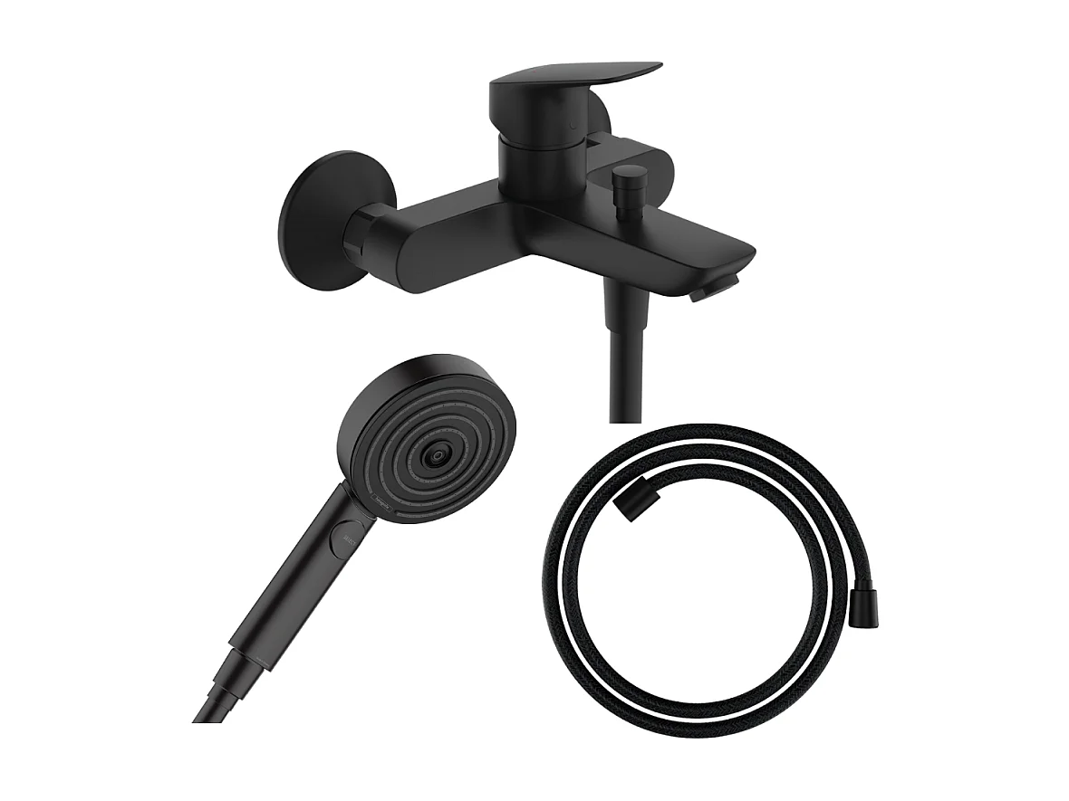 Pack mitigeur bain douche HANSGROHE Logis + Flexible Designflex + Pommeau HANSGROHE Pulsify Select 105 3 jets noir mat
