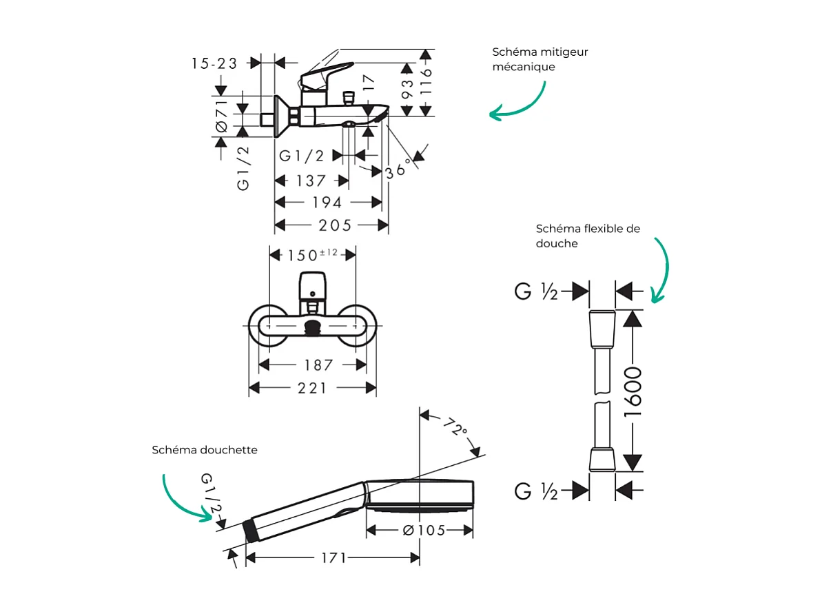 Pack mitigeur bain douche HANSGROHE Logis + Flexible Designflex + Pommeau HANSGROHE Pulsify Select 105 3 jets noir mat