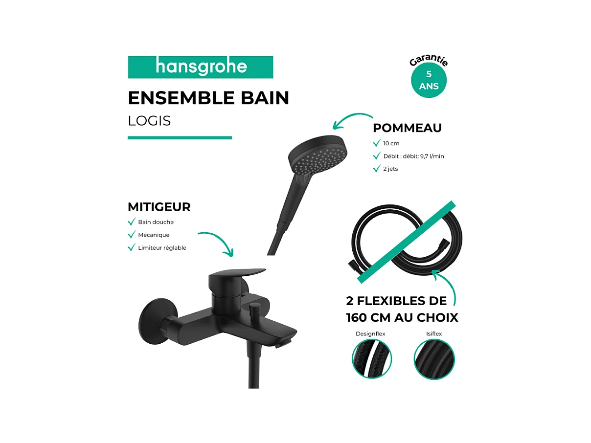 Pack mitigeur bain douche HANSGROHE Logis + Flexible Isiflex + Pommeau HANSGROHE Vernis Blend 100 Vario noir mat