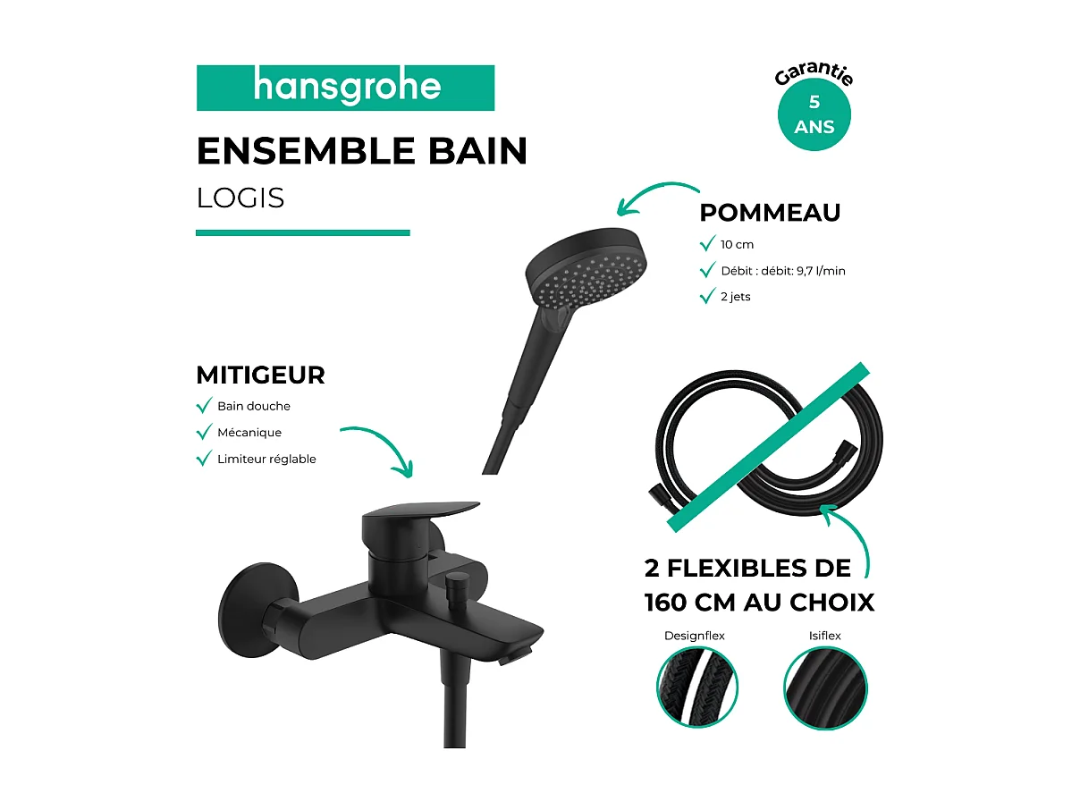 Pack mitigeur bain douche HANSGROHE Logis + Flexible Isiflex + Pommeau HANSGROHE Vernis Blend 100 Vario noir mat