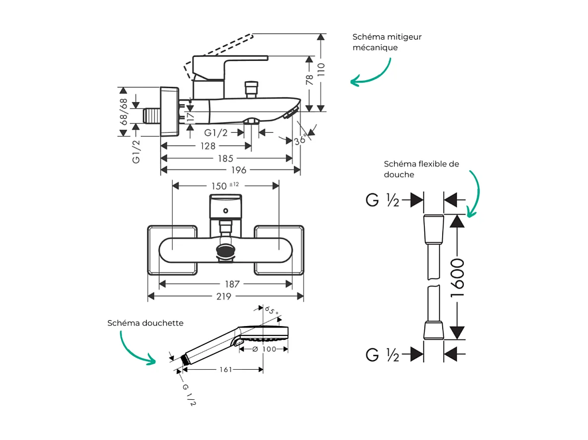 Pack mitigeur bain douche mécanique HANSGROHE Vernis Shape C2 + Flexible Isiflex + Pommeau Vernis Blend 100 EcoSmart 2jets chromé