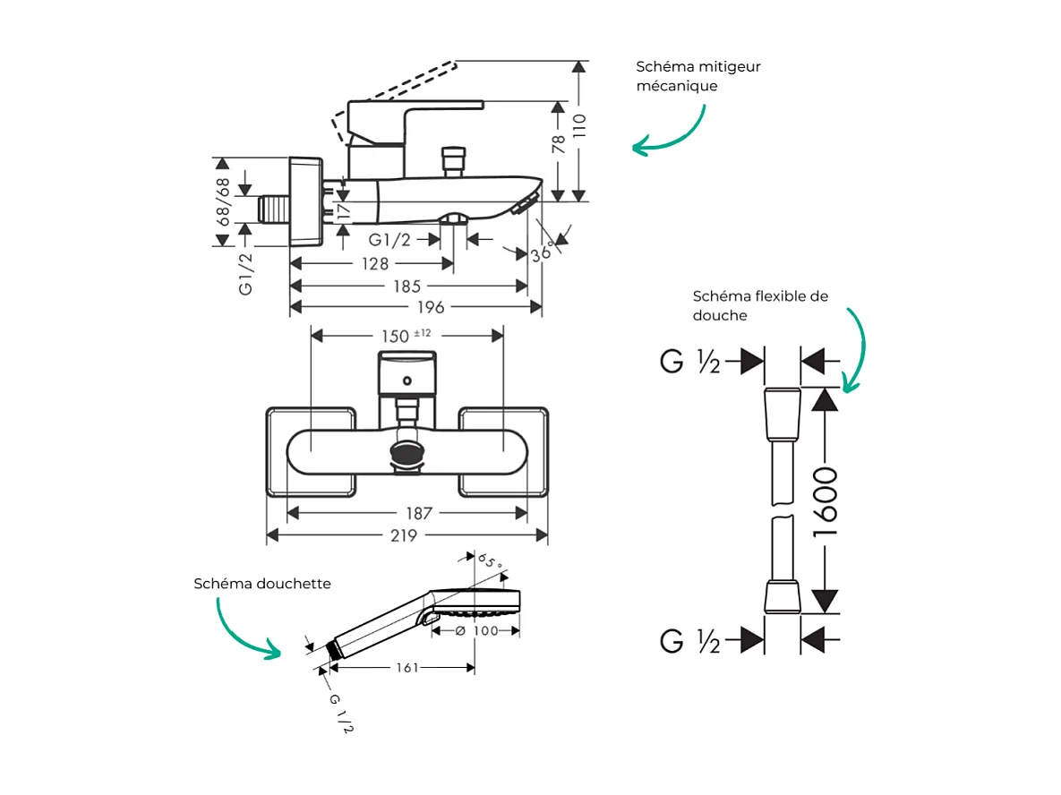 Pack mitigeur bain douche mécanique HANSGROHE Vernis Shape C2 + Flexible Isiflex + Pommeau Vernis Blend 100 EcoSmart 2jets chromé