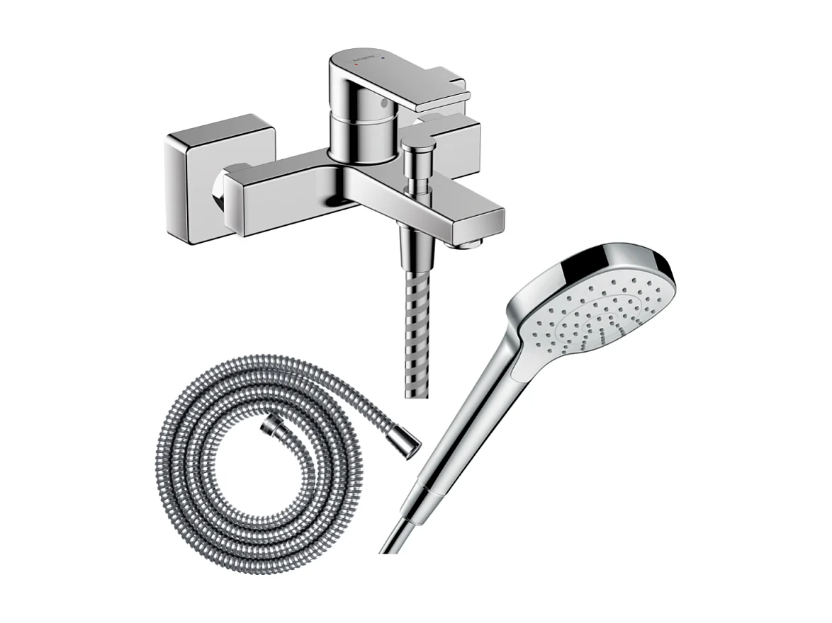 Pack mitigeur bain douche mécanique HANSGROHE Vernis Shape C2 + Flexible Metaflex + Pommeau Croma Select E EcoSmart blanc/chromé