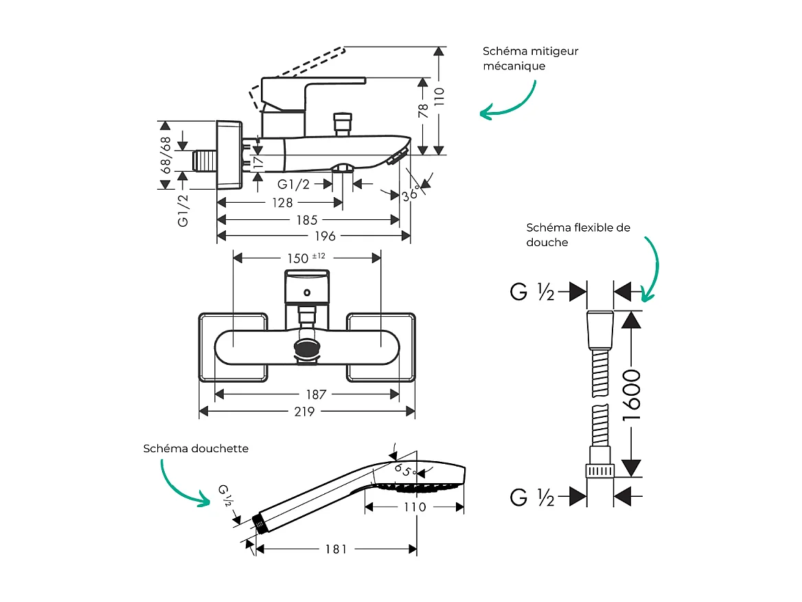 Pack mitigeur bain douche mécanique HANSGROHE Vernis Shape C2 + Flexible Metaflex + Pommeau Croma Select E EcoSmart blanc/chromé