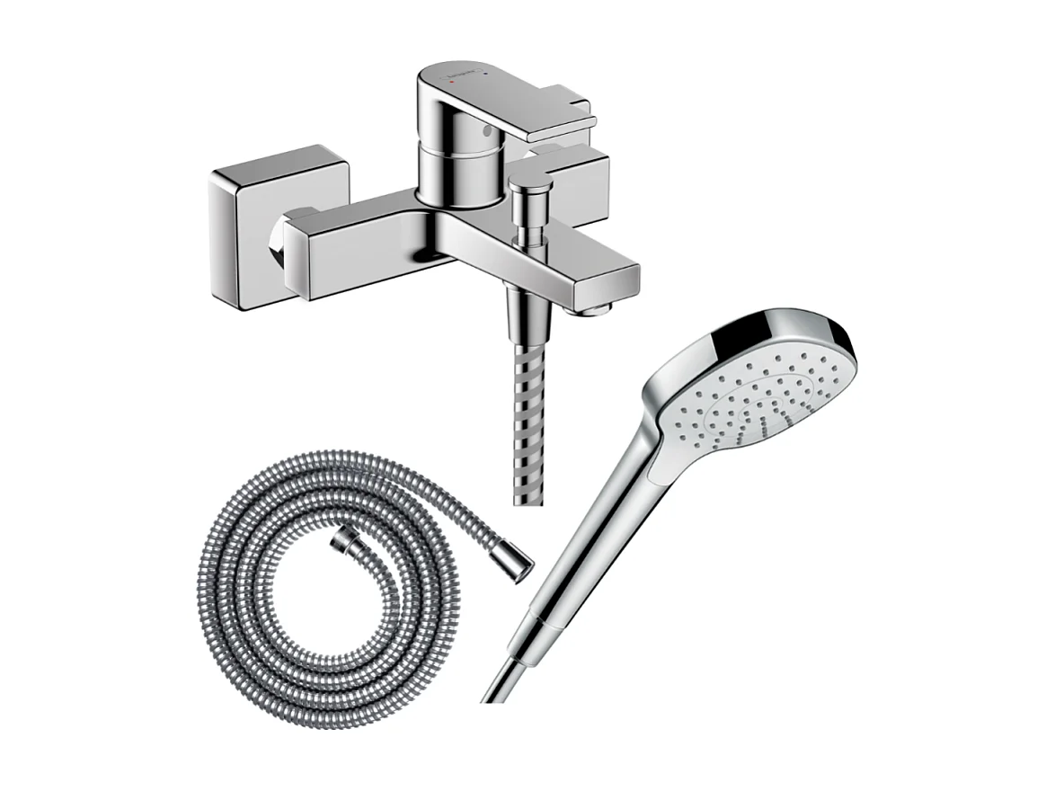 Pack mitigeur bain douche mécanique HANSGROHE Vernis Shape C2 + Flexible Metaflex + Pommeau Croma Select E EcoSmart blanc/chromé