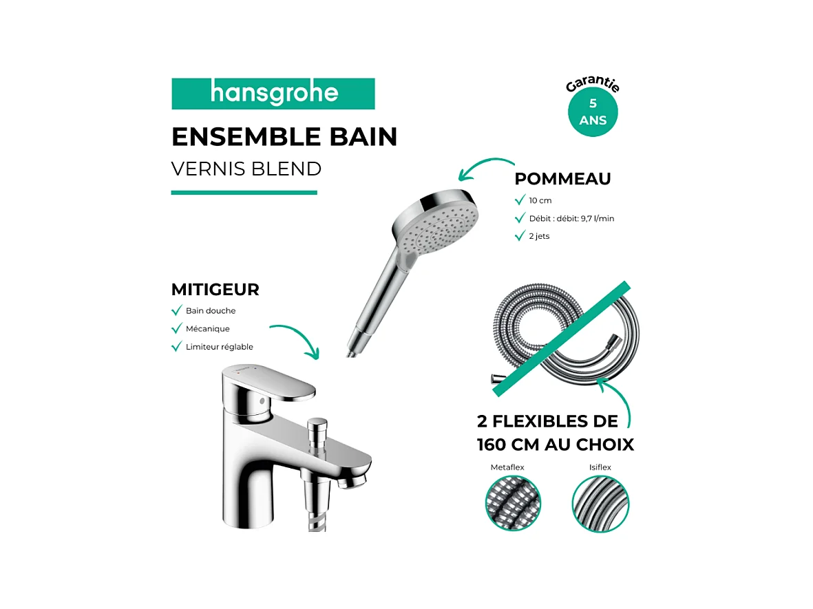 Pack mitigeur bain douche monotrou HANSGROHE Vernis Blend + Flexible Metaflex + Pommeau HANSGROHE Vernis Blend 100 Vario chromé