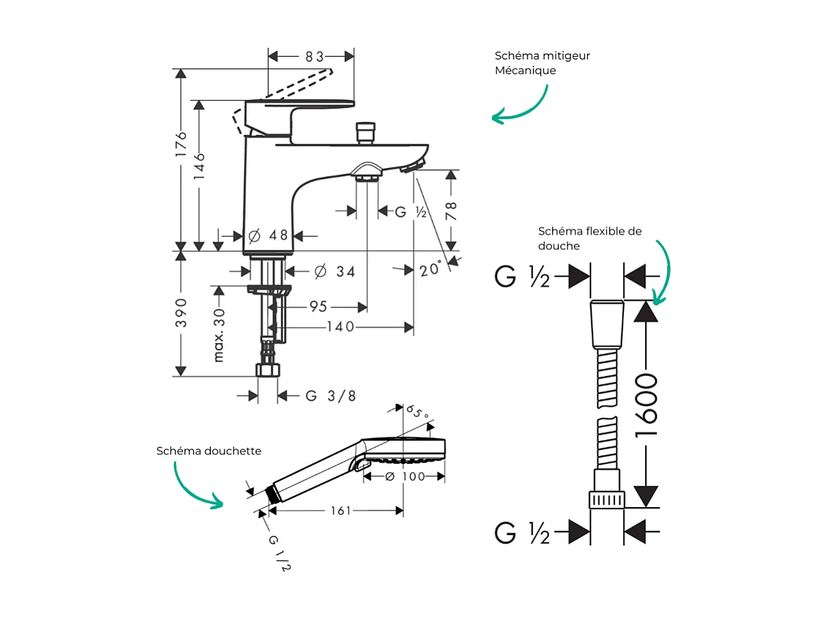 Pack mitigeur bain douche monotrou HANSGROHE Vernis Blend + Flexible Metaflex + Pommeau HANSGROHE Vernis Blend 100 Vario chromé