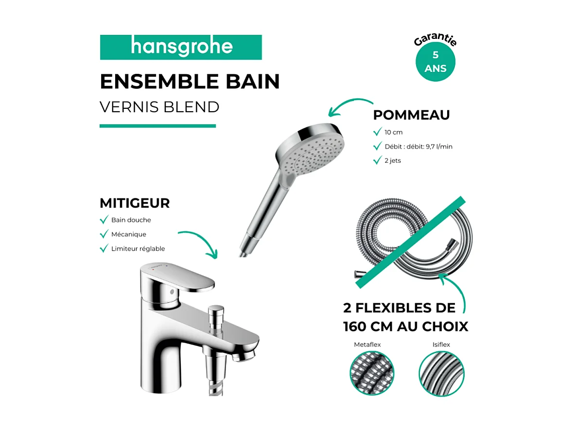 Pack mitigeur bain douche monotrou HANSGROHE Vernis Blend + Flexible Metaflex + Pommeau HANSGROHE Vernis Blend 100 Vario chromé