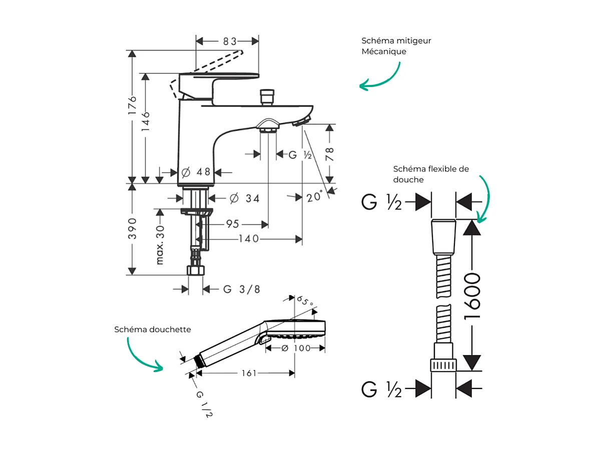 Pack mitigeur bain douche monotrou HANSGROHE Vernis Blend + Flexible Metaflex + Pommeau HANSGROHE Vernis Blend 100 Vario chromé