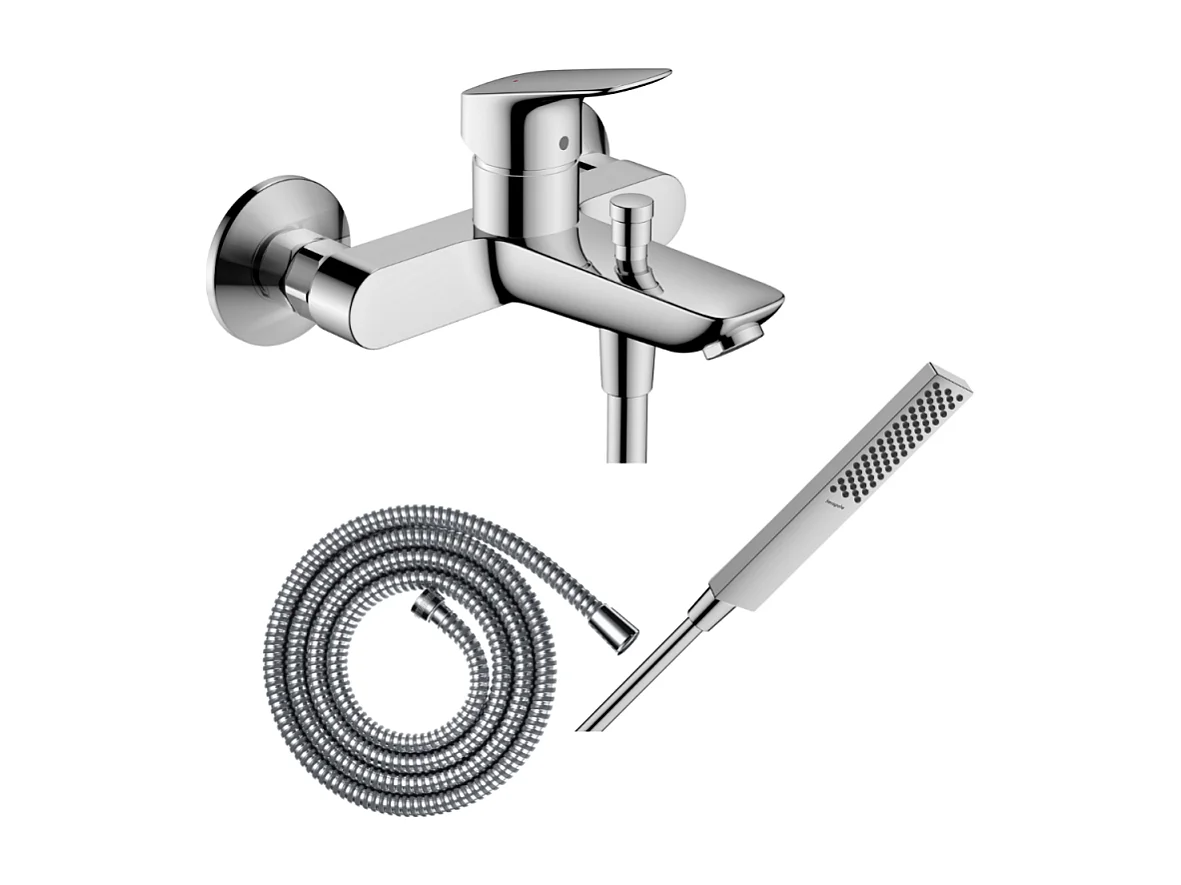 Pack mitigeur bain douche mécanique HANSGROHE Logis + Flexible Metaflex + Pommeau HANSGROHE Pulsify E 100 EcoSmart chromé