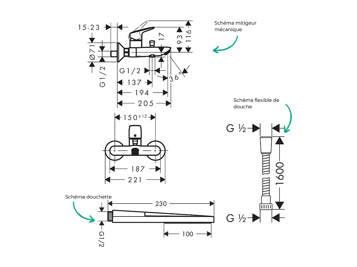 Pack mitigeur bain douche mécanique HANSGROHE Logis + Flexible Metaflex + Pommeau HANSGROHE Pulsify E 100 EcoSmart chromé