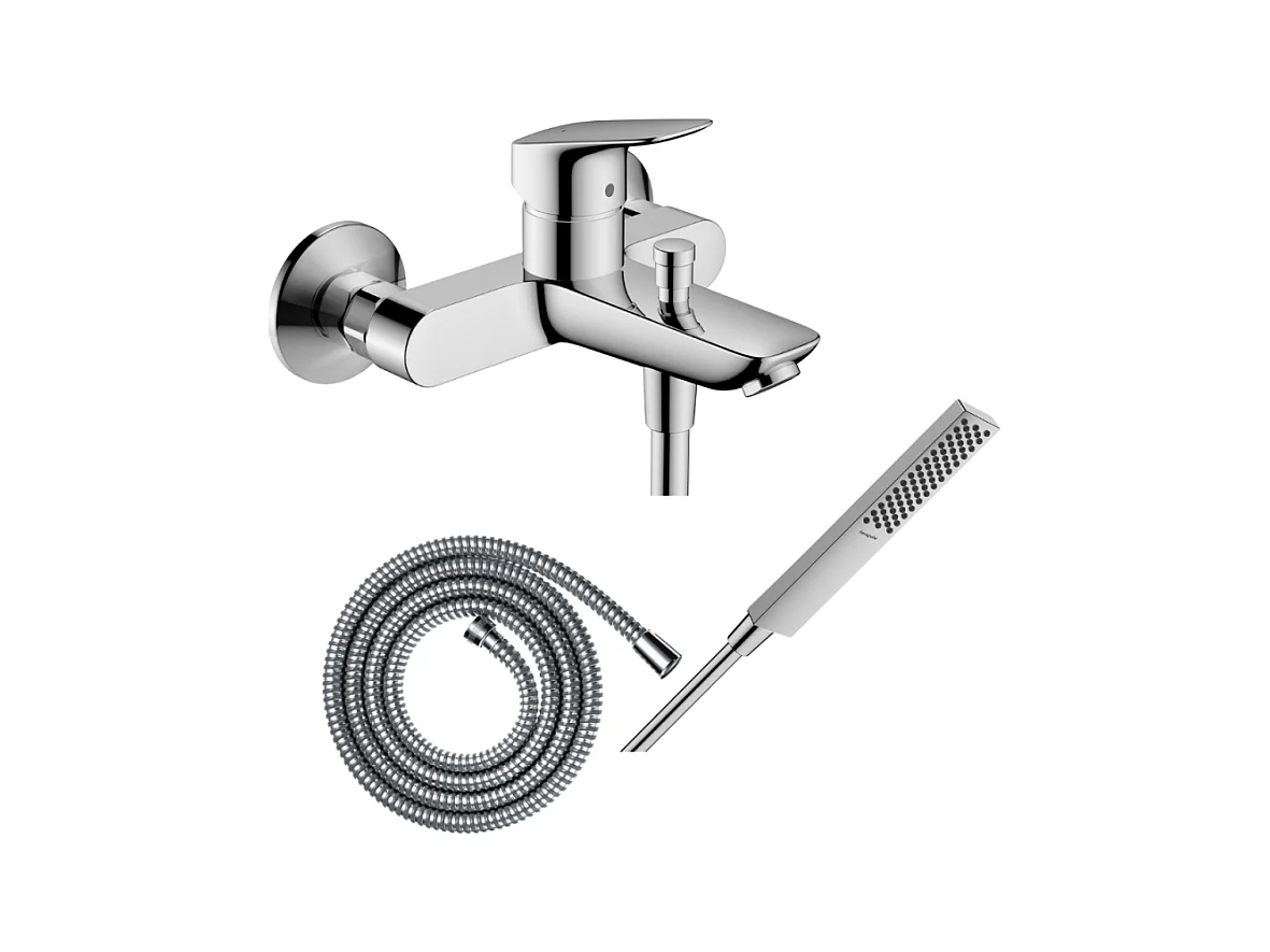 Pack mitigeur bain douche mécanique HANSGROHE Logis + Flexible Metaflex + Pommeau HANSGROHE Pulsify E 100 EcoSmart chromé
