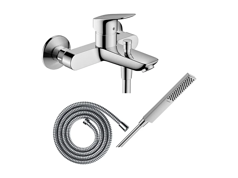 Pack mitigeur bain douche mécanique HANSGROHE Logis + Flexible Metaflex + Pommeau HANSGROHE Pulsify E 100 EcoSmart chromé