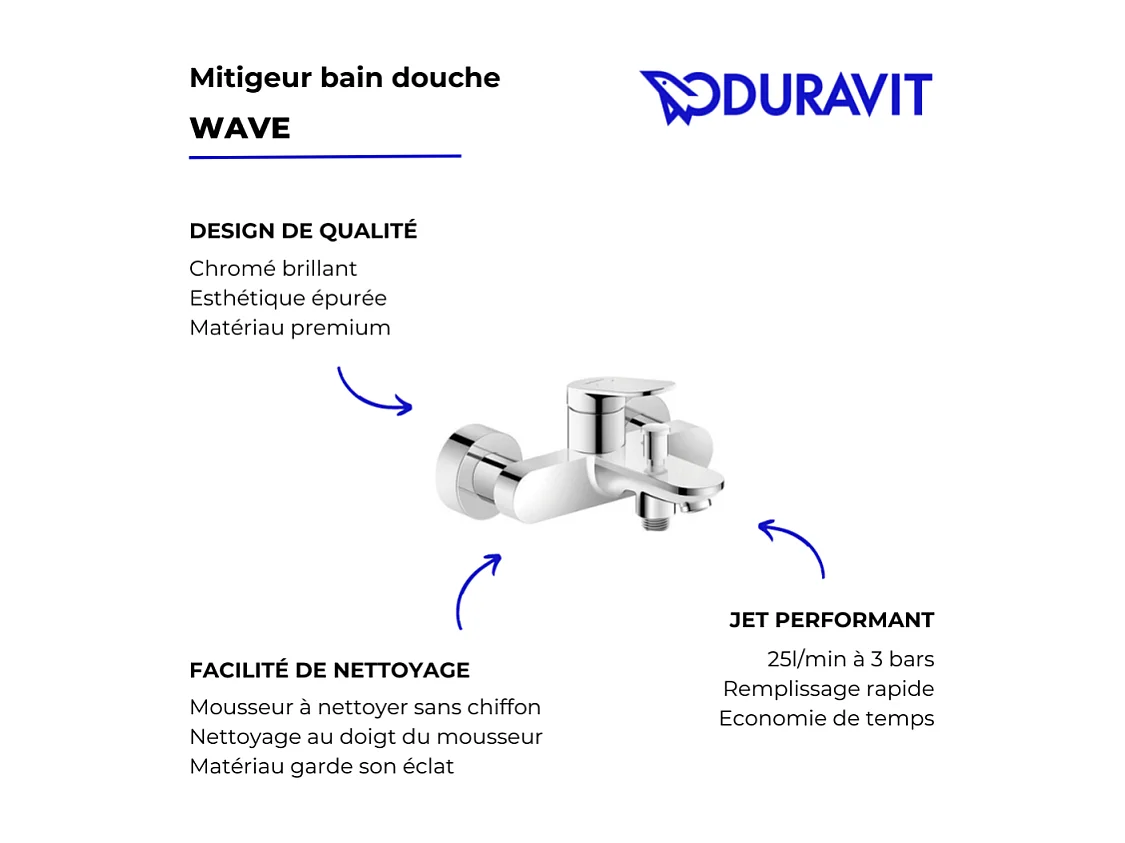 Mitigeur bain douche mécanique DURAVIT Wave chromé brillant