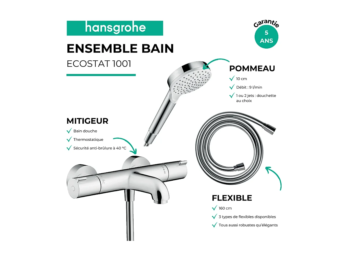 Pack mitigeur bain thermostatique HANSGROHE Ecostat 1001CL + Flexible Designflex + Pommeau Vernis Blend 100 EcoSmart 1jet chromé
