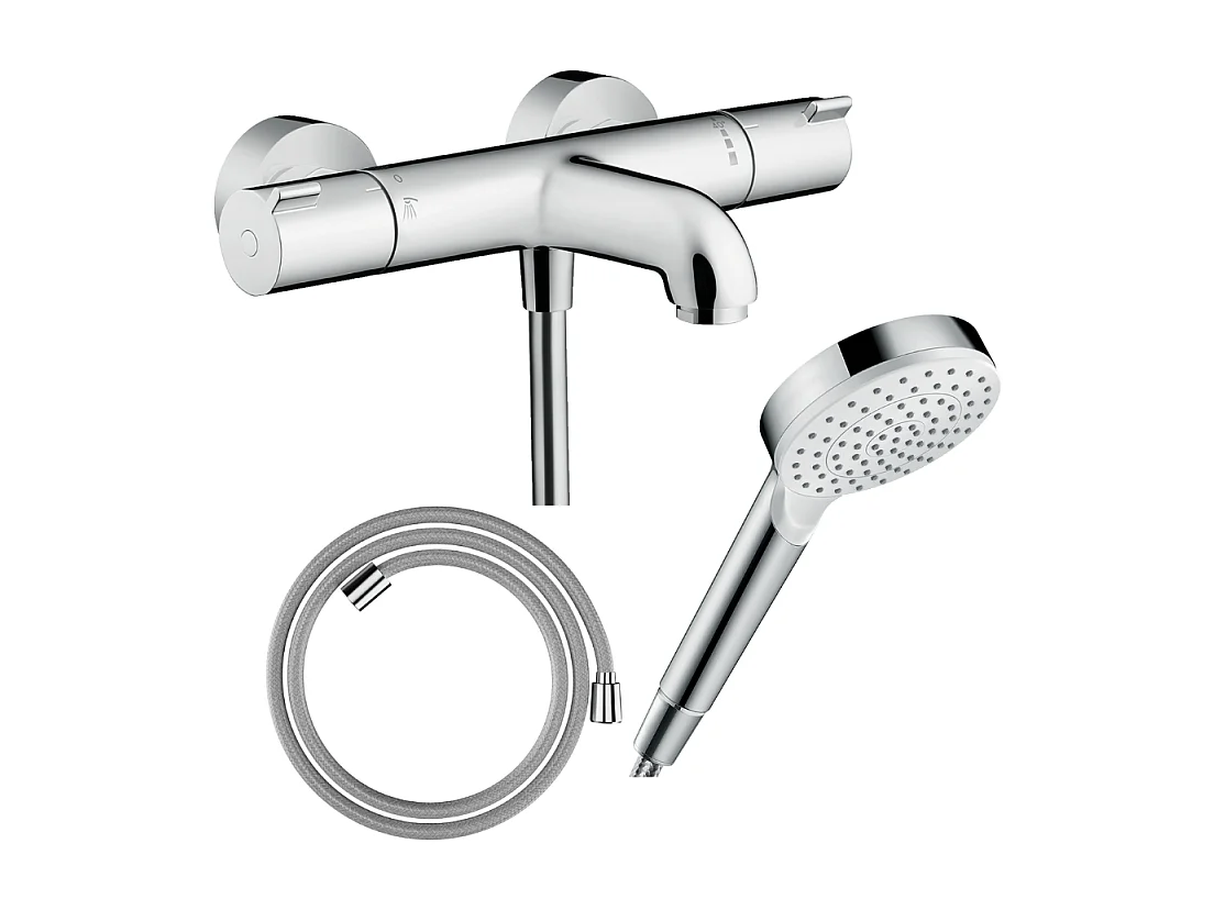 Pack mitigeur bain thermostatique HANSGROHE Ecostat 1001CL + Flexible Designflex + Pommeau Vernis Blend 100 EcoSmart 1jet chromé