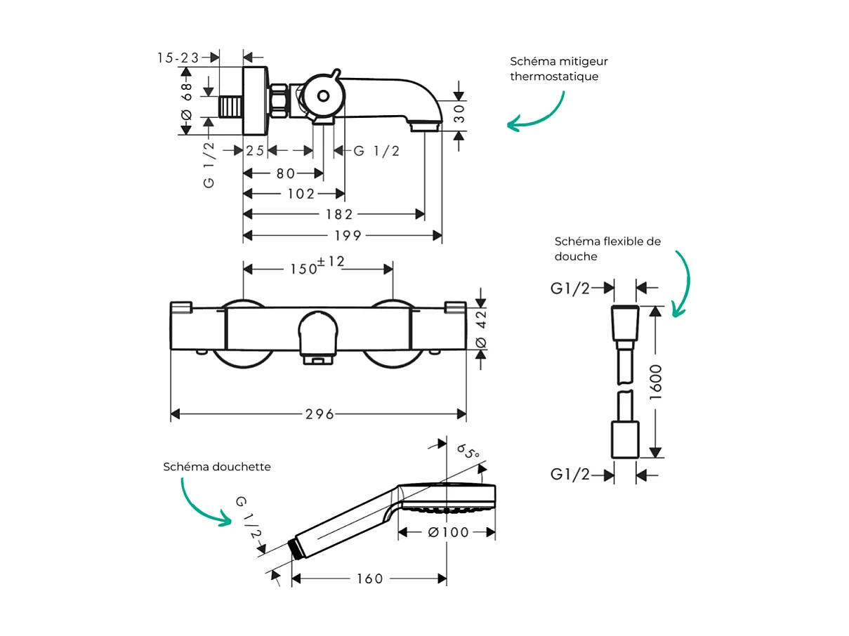 Pack mitigeur bain thermostatique HANSGROHE Ecostat 1001CL + Flexible Designflex + Pommeau Vernis Blend 100 EcoSmart 1jet chromé