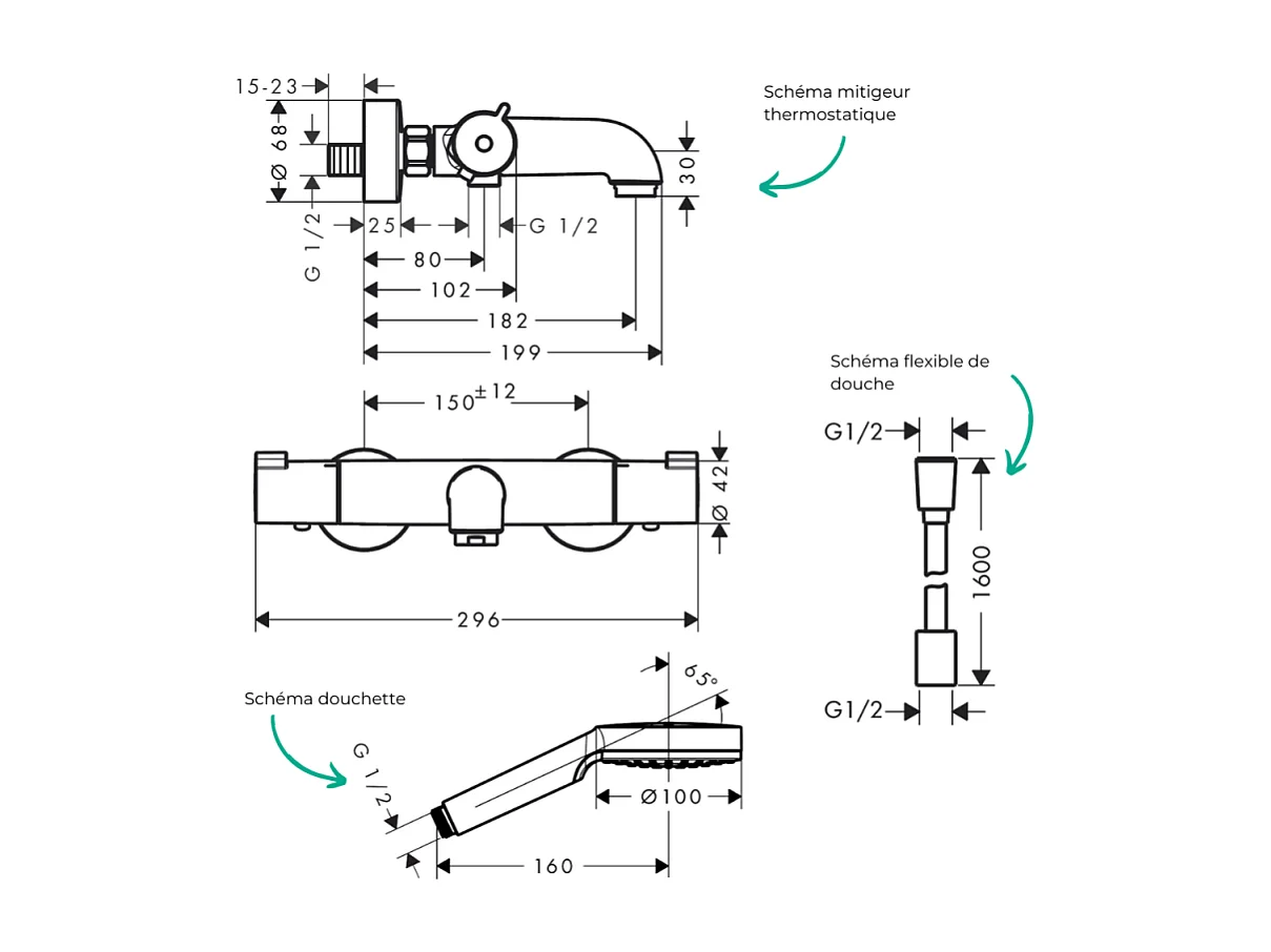 Pack mitigeur bain thermostatique HANSGROHE Ecostat 1001CL + Flexible Designflex + Pommeau Vernis Blend 100 EcoSmart 1jet chromé