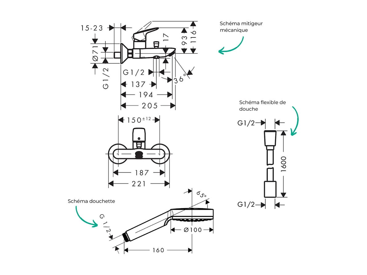 Pack mitigeur bain douche mécanique HANSGROHE Logis + Flexible Designflex + Pommeau Vernis Blend 100 EcoSmart 1jet chromé