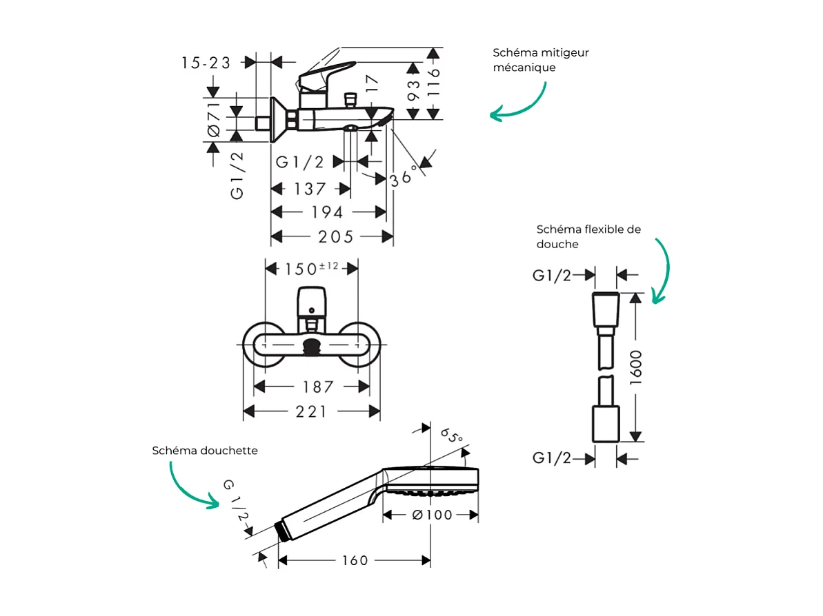 Pack mitigeur bain douche mécanique HANSGROHE Logis + Flexible Designflex + Pommeau Vernis Blend 100 EcoSmart 1jet chromé