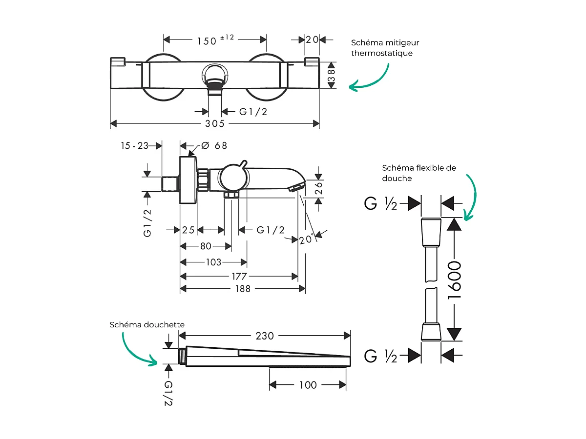 Pack mitigeur bain thermostatique HANSGROHE Ecostat Comfort + Flexible Isiflex 1,6m + Pommeau Pulsify E 100 EcoSmart chromé
