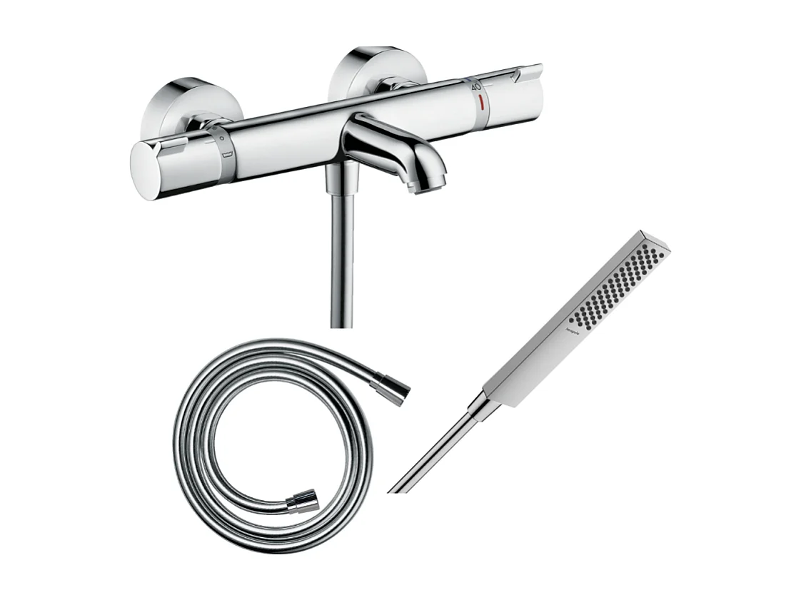 Pack mitigeur bain thermostatique HANSGROHE Ecostat Comfort + Flexible Isiflex 1,6m + Pommeau Pulsify E 100 EcoSmart chromé
