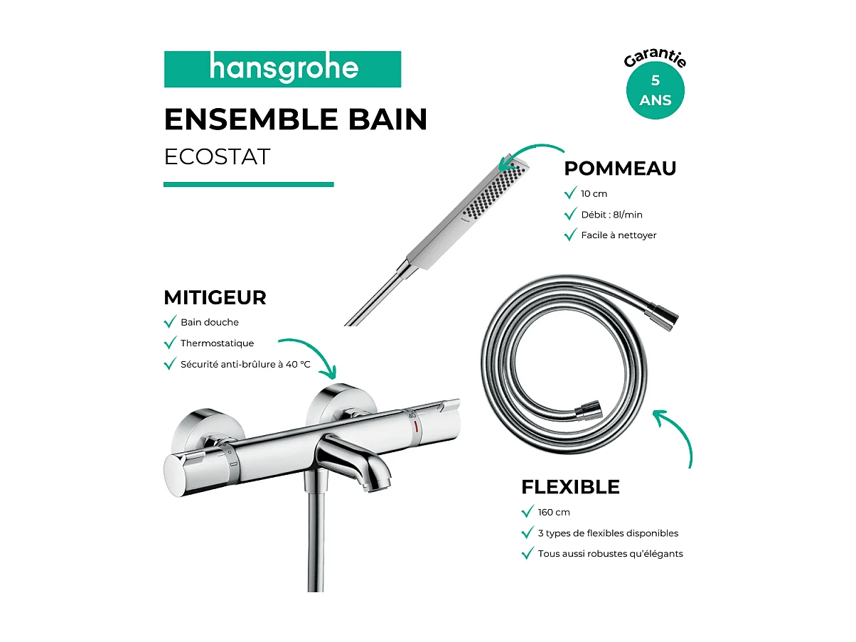 Pack mitigeur bain thermostatique HANSGROHE Ecostat Comfort + Flexible Isiflex 1,6m + Pommeau Pulsify E 100 EcoSmart chromé