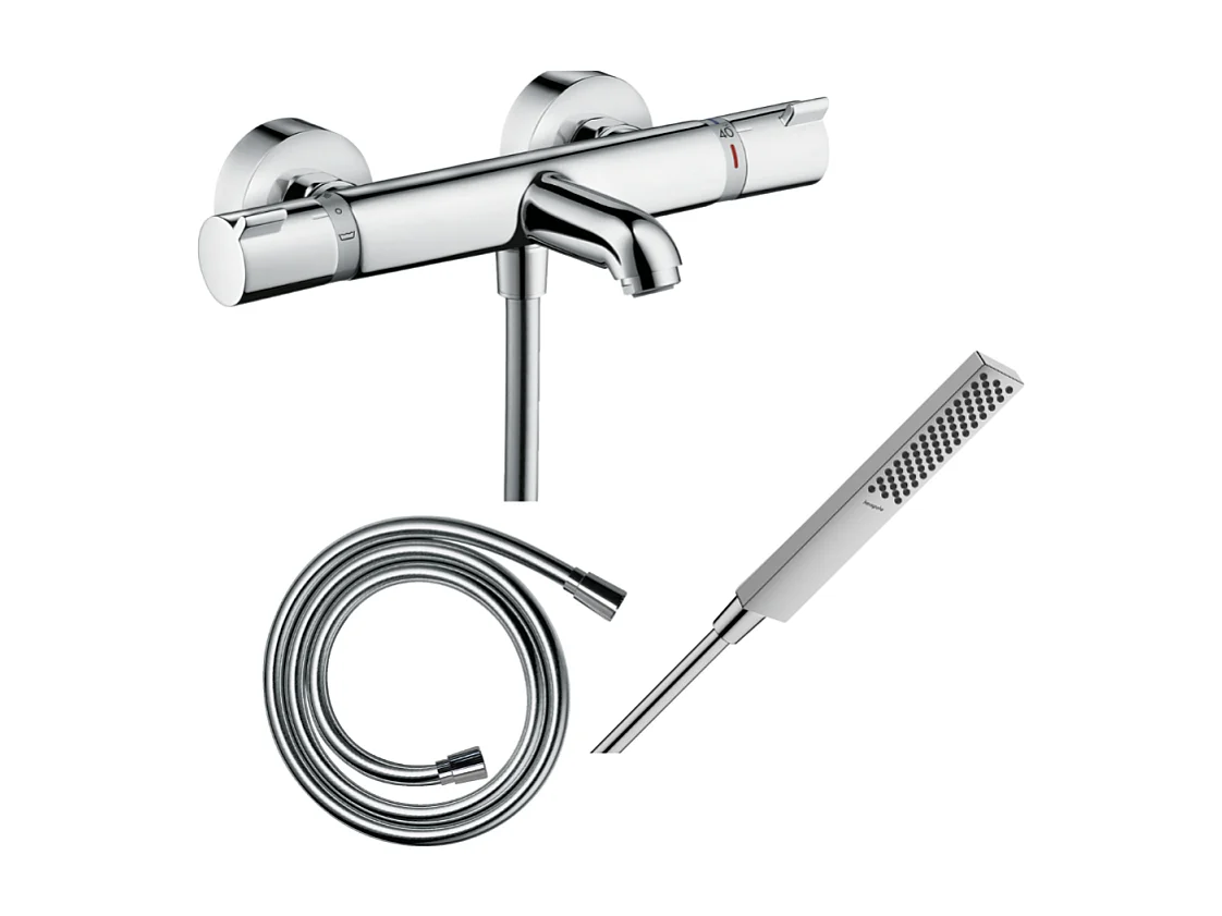 Pack mitigeur bain thermostatique HANSGROHE Ecostat Comfort + Flexible Isiflex 1,6m + Pommeau Pulsify E 100 EcoSmart chromé