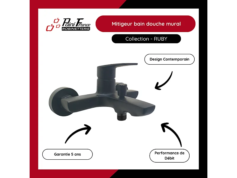 Mitigeur bain douche mural PAINI Ruby + Minikit douchette 3 jets rond Ruby + Colonnettes Noir mat
