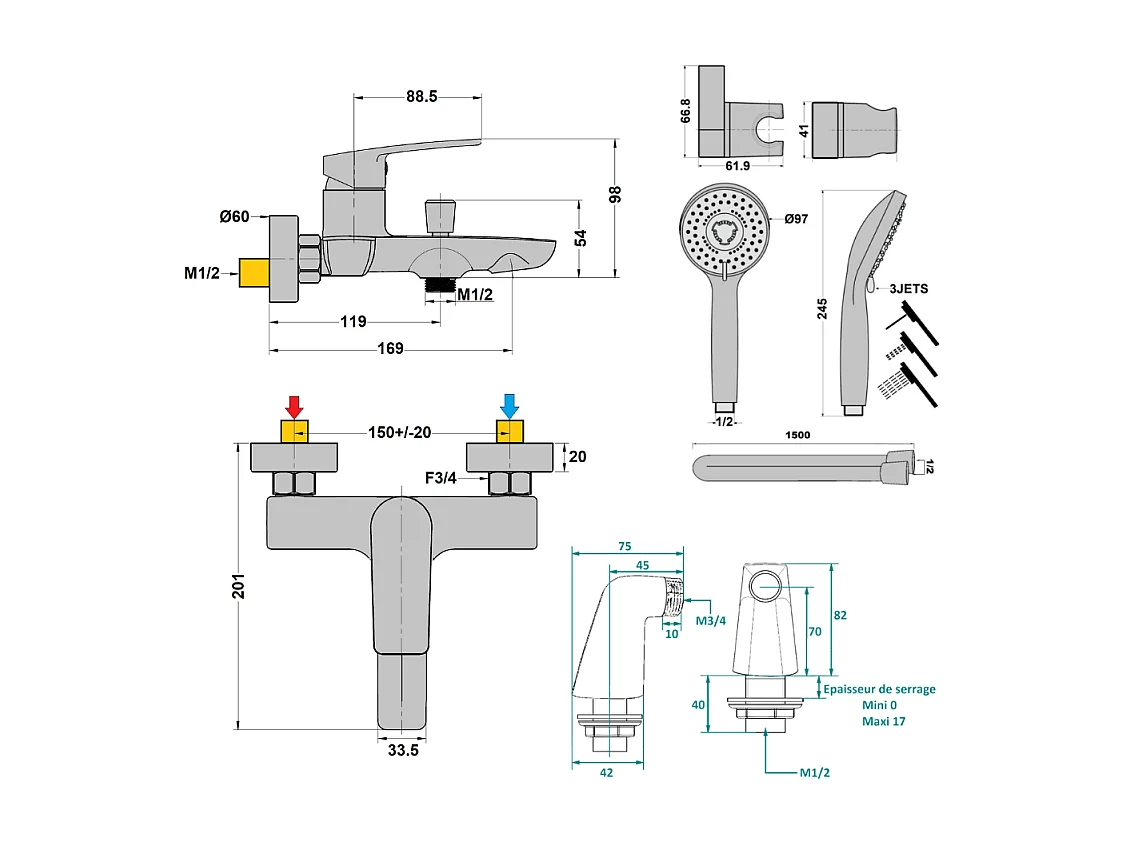 Mitigeur bain douche mural PAINI Ruby + Minikit douchette 3 jets rond Ruby + Colonnettes Noir mat