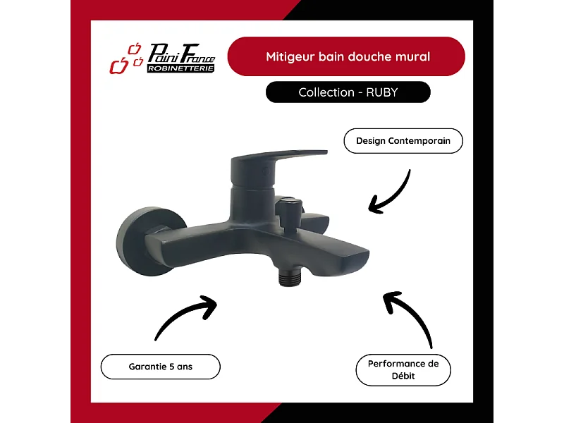 Mitigeur bain douche mural PAINI Ruby + Minikit douchette 3 jets rond Ruby + Colonnettes Noir mat