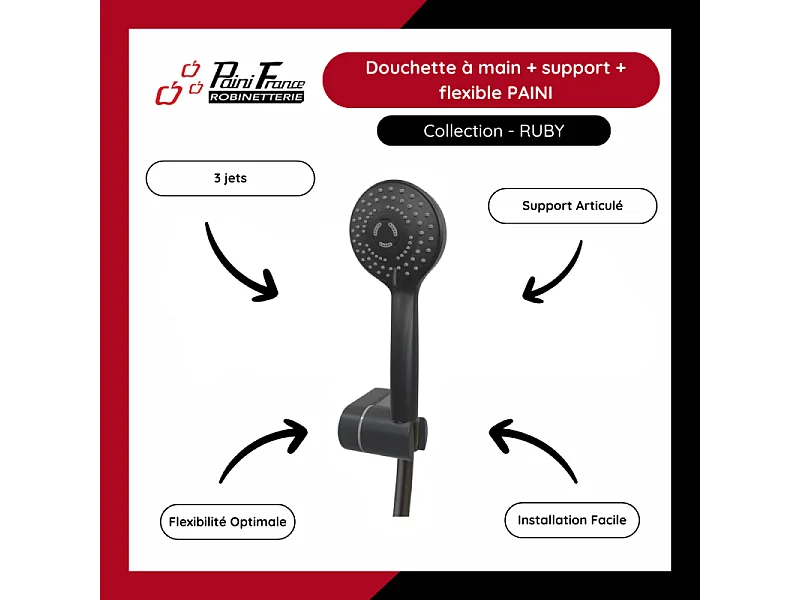 Mitigeur bain douche mural PAINI Ruby + Minikit douchette 3 jets rond Ruby + Colonnettes Noir mat