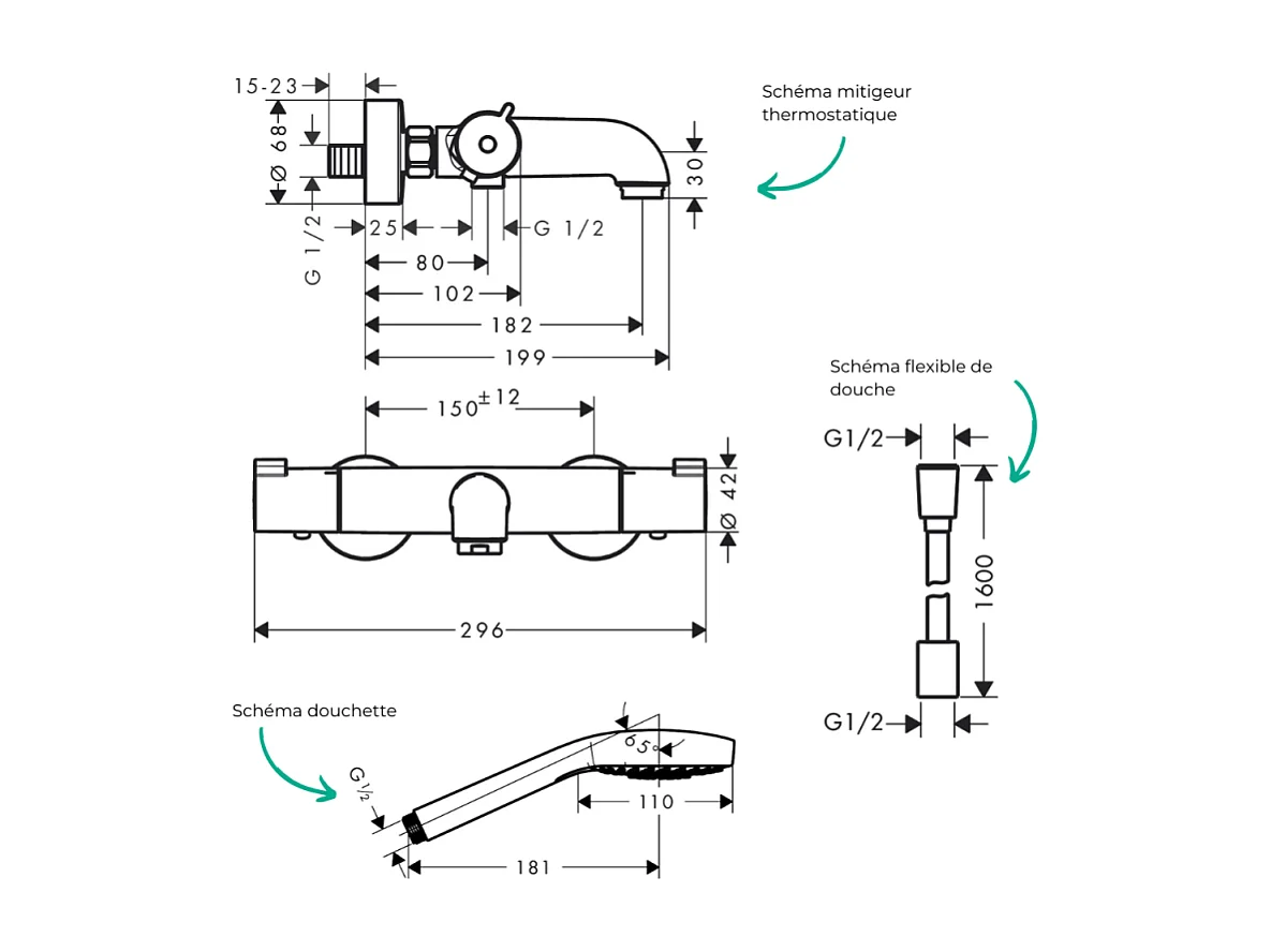 Pack mitigeur bain thermostatique HANSGROHE Ecostat 1001CL + Flexible Designflex + Pommeau Croma Select E EcoSmart blanc/chromé