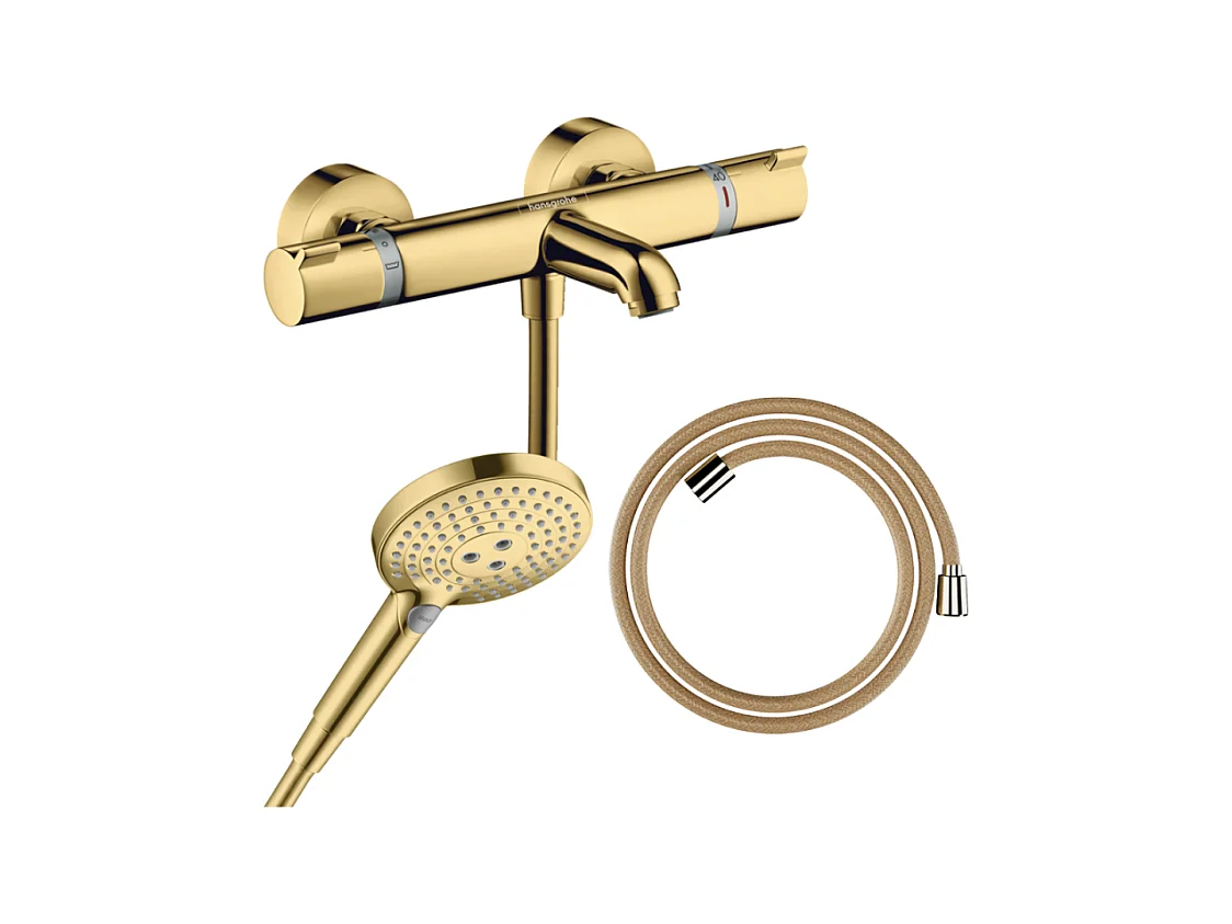 Pack mitigeur bain douche thermostatique HANSGROHE Ecostat Comfort + Flexible Designflex + Pommeau Raindance Select 3jets doré