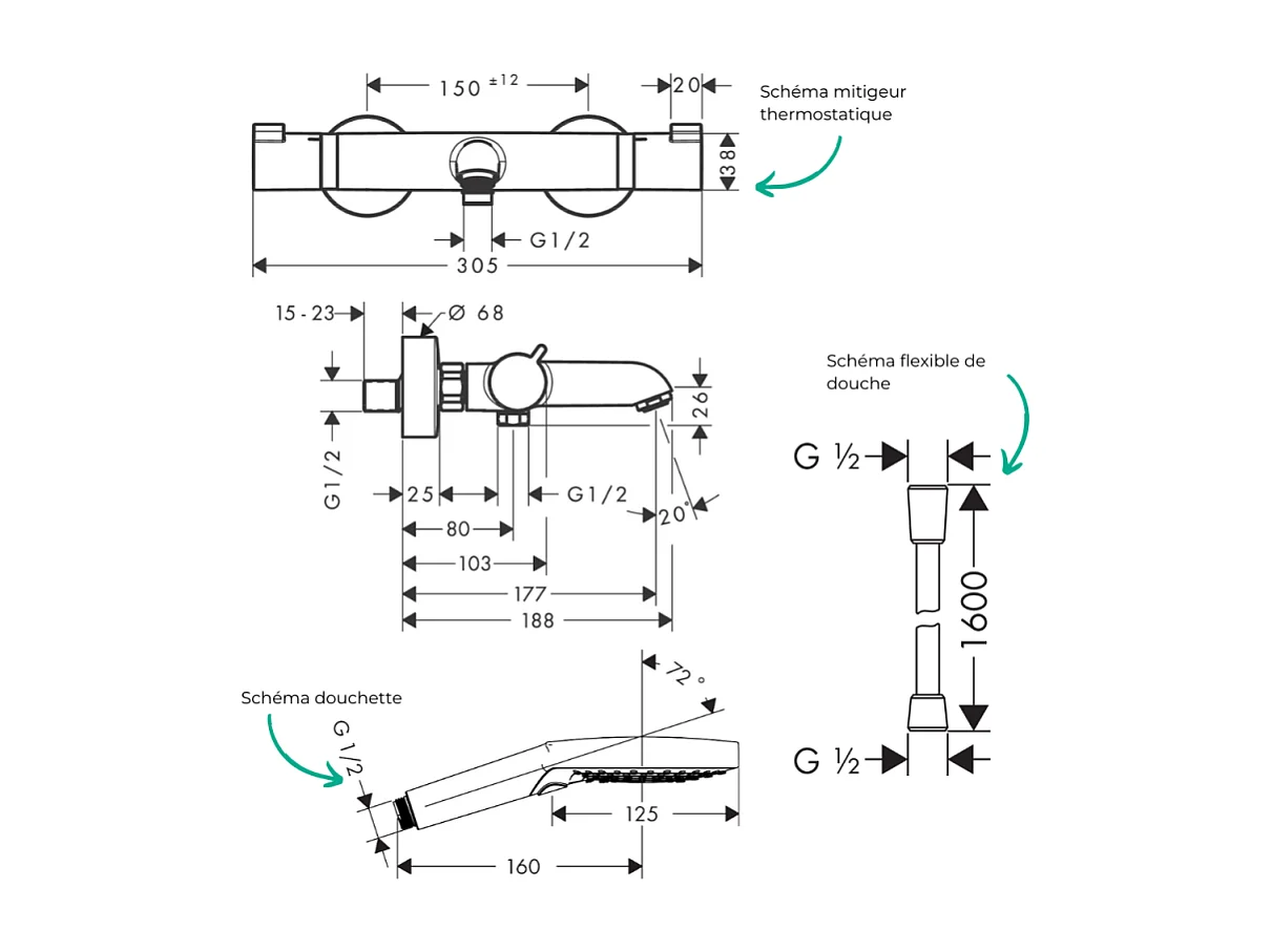 Pack mitigeur bain douche thermostatique HANSGROHE Ecostat Comfort + Flexible Designflex + Pommeau Raindance Select 3jets doré