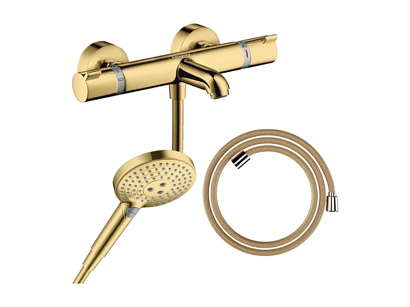 Pack mitigeur bain douche thermostatique HANSGROHE Ecostat Comfort + Flexible Designflex + Pommeau Raindance Select 3jets doré